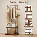 Coat Rack Solid Wood Clothes Rack with 2 Shelves & 4 Hooks for Hanging Clothes Garment Wallets Hats, Clothing Rack Coat Rack Freestanding Hall Tree with Storage for Hallway Bedroom Living Room