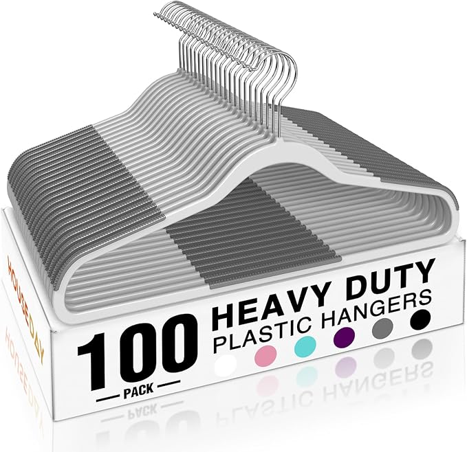 HOUSE DAY Heavy Duty Plastic Hangers 100 Pack, Clothes Hangers with Non-Slip Rubber Pads - 0.2 Inch Thin Space Saving Coat Hanger for Closet Organizer, 360° Swivel Hook for Shirts, Pants, Suit (Grey)