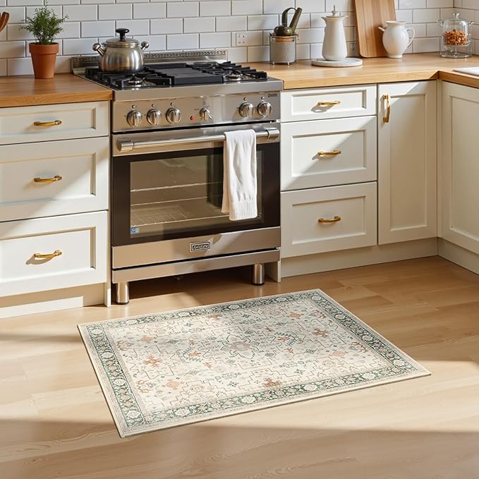 Lessymo Washable Entry Rug, 2x3 Cream Green Small Area Rugs for Bathroom Kitchen Entryway Laundry Bedroom, Non Slip Indoor Entrance Door Mat, Boho Oushak Geometric Floral Decor