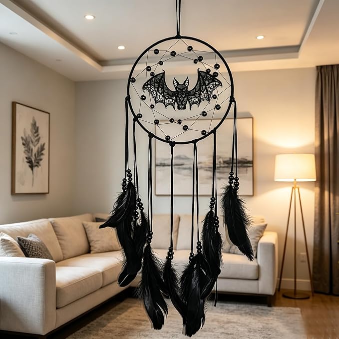 Halloween Gothic Black Dreamcatcher with Bats - Large Handmade Bohemian Wall Hanging for Witchy Home Outdoor Decor, Halloween Bat Decor, Dark Gothic Gift (Bat B)