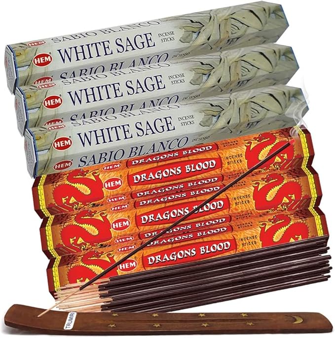 Dragon's Blood Incense Sticks and White Sage Incense Sticks with Incense Holder Bundle for Home Fragrance and Smudging
