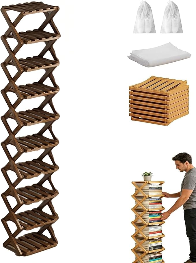 The 10-Tier No-Assembly Bamboo Rack, Bamboo Shoe Rack, Foldable Shoe Rack, Space Saving Collapsible Shelves for Entryway, Closet, Bathroom, Bamboo Shoe Rack, Foldable Shoe Rack (Brown, 10Tier)
