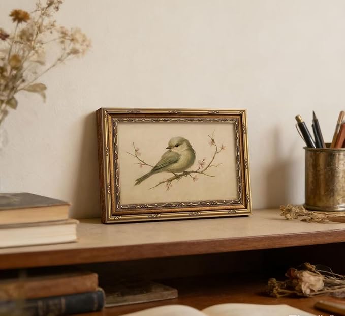 Vintage Gold Framed Wall Art Spring Bird Oil Painting Canvas Print Watercolor Cherry Blossom Picture Wall Decor Rustic Farmhouse Beige Floral Poster Artwork for Nursery Living Room Bedroom