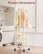 Heavy Duty Premium Clothes Rack with 2-Tier Mesh Shoe Shelves & 4 Hooks, Lockable Wheels, Space-Saving, Multi-Functional for Bedroom, Entryway, Closet, Modern Design, 18.4" x 12.6" x 72", White
