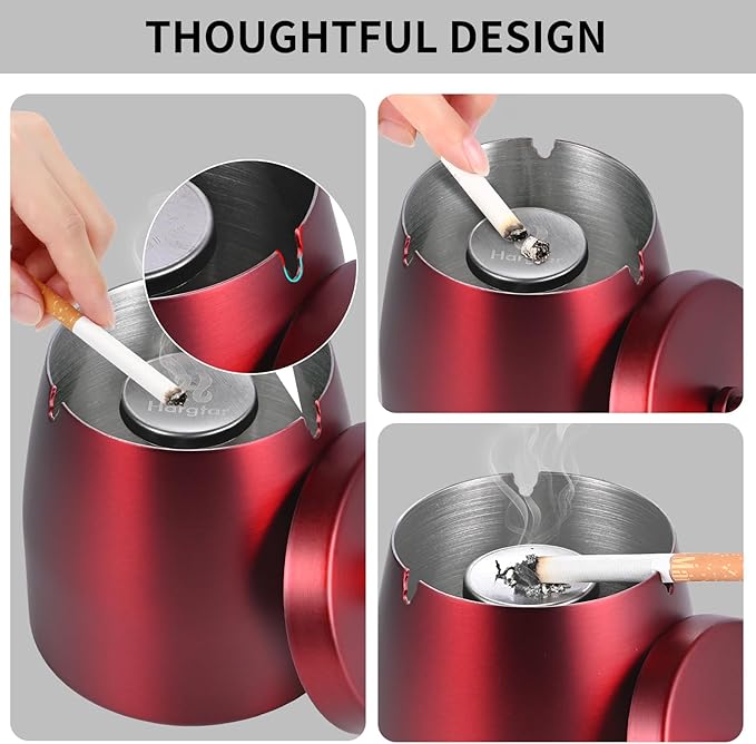HARTAR Smokeless Ashtrays for Cigarettes Indoor, Ash Tray Sets Outdoor Windproof Cute Home Large Funny Metal Outside Ashtray with Lid for Cigarettes Butt Can for Outside Patio, Red, Small