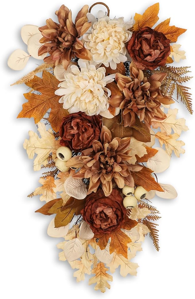 23.6 Inch Fall swags for Front Door Outside Autumn sway with Dahlia, Chrysanthemum, Rose, Berries & Leaves – Fall Door sway for Outdoor sways Indoor Thanksgiving Decor Champagne and Brown