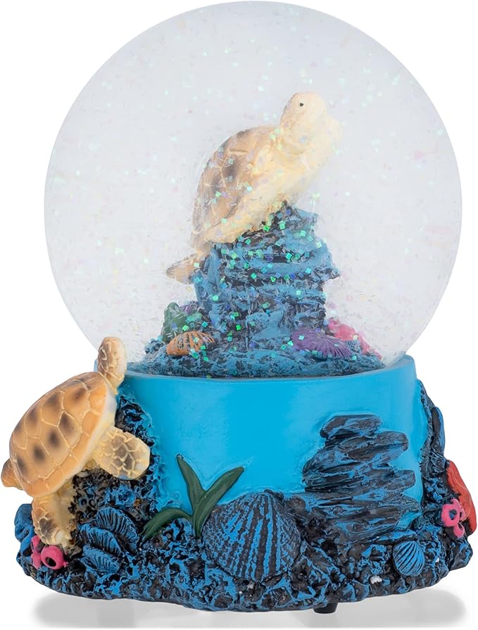 Elanze Designs Coral Reef Sea Turtles 100MM Sturdy Wind Up Musical Glitter Water Snow Globe Tabletop Dresser Nightstand Figurine Decoration Plays Tune Wonderful World