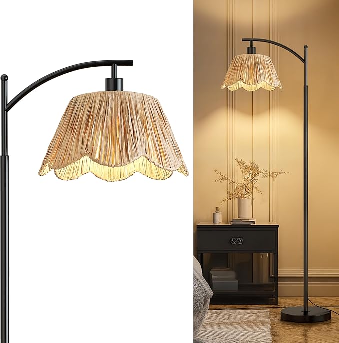 Oneach Arc Floor Lamp for Living Room,Rattan Boho Floor Lamp with Hand-Woven Shade, Foot Switch,Black Metal Base & Pole,Farmhouse Standing Lamp for Bedroom Corner,Reading