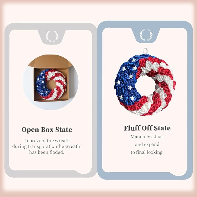 14 Inch Patriotic Roses Handcrafted Wreath, Artificial 4th of July Soft Touch Silk Roses and Metal Stars Wreath for Front Door, Memorial Day for Indoor and Outdoor