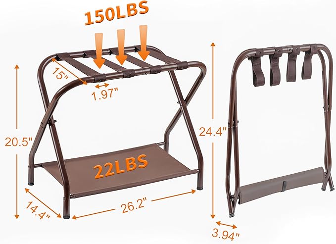 Heybly Luggage Rack for Guest Room, Pack of 2, Steel Folding Suitcase Stand with Storage Shelf for Bedroom, Hotel, Foldable Steel Frame, Guest Room 26.2" L x 14.4" W x 20.5" H, Brown HLR004Z2