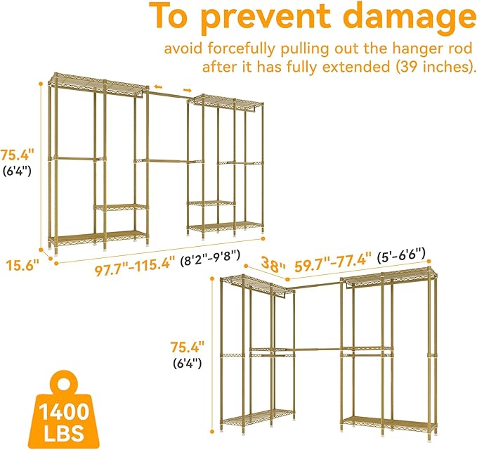 H5 Pro Heavy Duty Clothes Rack Wardrobe Closet for Hanging Clothes, Freestanding Garment Rack with Expandable Hanger Rods, Closet Organizer and Storage, (97.7-115.4")L x 15.7"W x 75.4"H, Gold