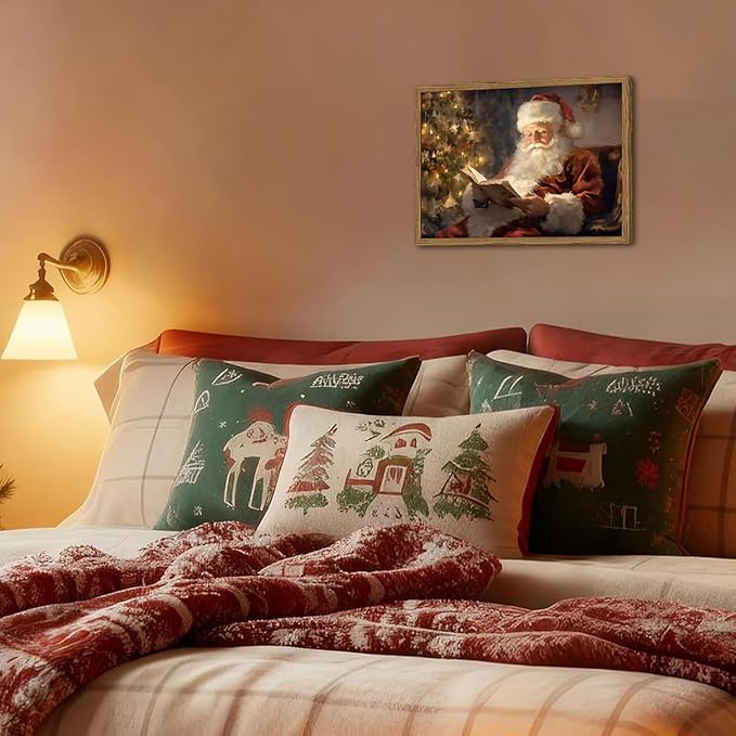 Framed Vintage Christmas Canvas Wall Art, Santa Claus Reading Book Paintings Wall Decor, Rustic Winter Holiday Pictures Prints for Living Room Bedroom Home Decoration 16×24 inch