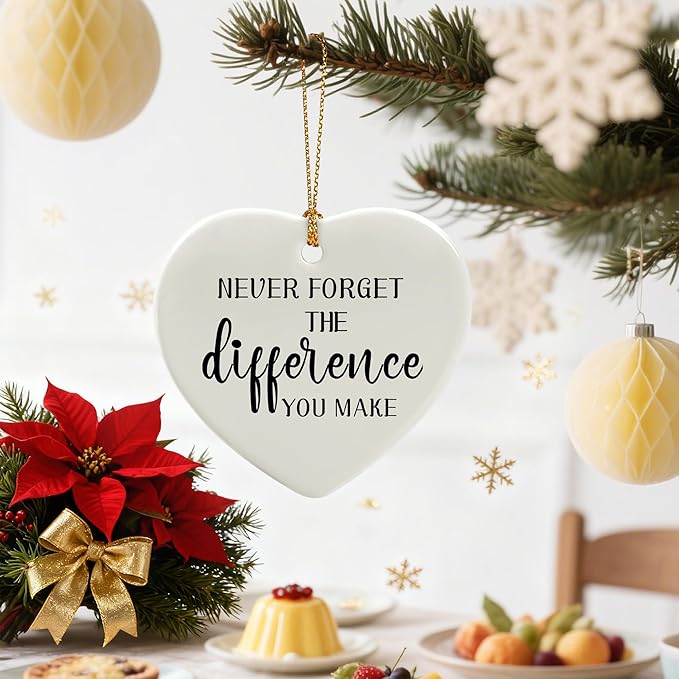 Never Forget The Difference You Make - Leaving Gifts for Work Colleagues, Thank You Gift, Inspirational & Appreciation Gifts for Teacher, Friend, Coworker, Retiree, Ceramic Christmas Ornament