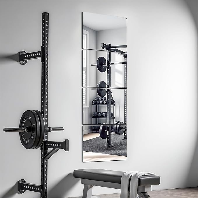 Delma Frameless Mirror Tiles 12"x10"x4 Pcs Wall Mounted, Shatter Resistant Full Length Tempered Glass Panels for Home Gym Bathroom Bedroom & Living Room Decor