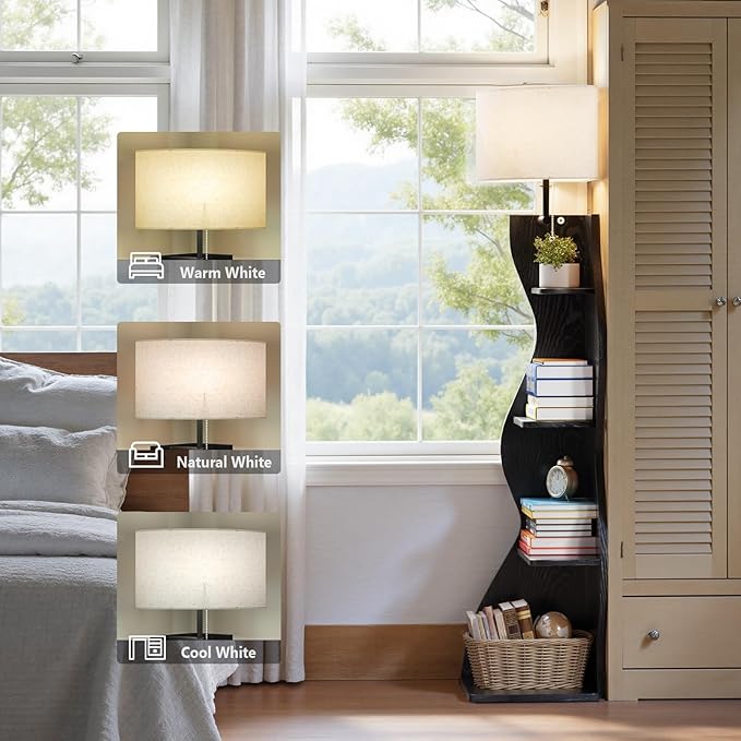 Evermagin 4 Tier Corner Shelf with Light, 64'' Tall Corner Bookshelf with Unique Shape, Stylish Wavy Bookcase Tower with Storage Organizer for Small Space, Living Room, Bedroom (Black)