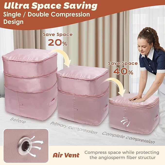 Ultra Space Saving Self Compression Organizers, Double Zipper Compression Packing Cubes for Bedding, Comforter Storage Bag for Blankets Duvet Quilts Pillows Queen King (Gray, X-Large)