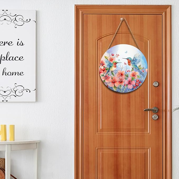 Spring Summer Hummingbird Birds Front Door Sign Farmhouse Spring Flowers Door Hanger 12"x12" Seasonal Summer Wooden Wreath for Outdoor Outside Porch Welcome Wall Hanging Decoration for Home