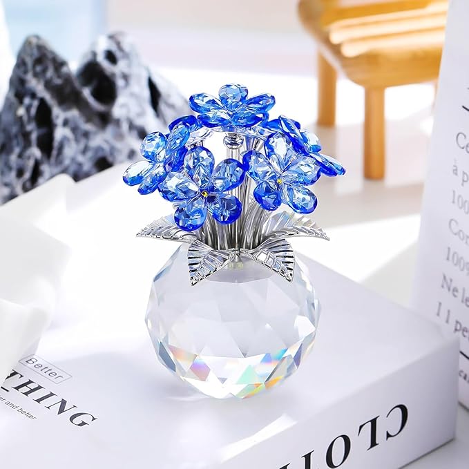 Qianwei Blue Forget Me Not Crystal Flowers - Sympathy Glass Flowers Collectible Figurines Decor Paperweight Ornament Home Office Table Desk Decorations