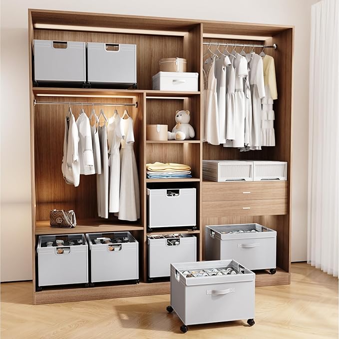 HOUSE AGAIN Shoe Organizer for Closet, 2 Pack Foldable Shoe Storage Organizer Box with Wheels and Adjustable Dividers, Sturdy Metal Frame Fits up to 16-32 Pairs, Large Shoes Storage with Clear Cover