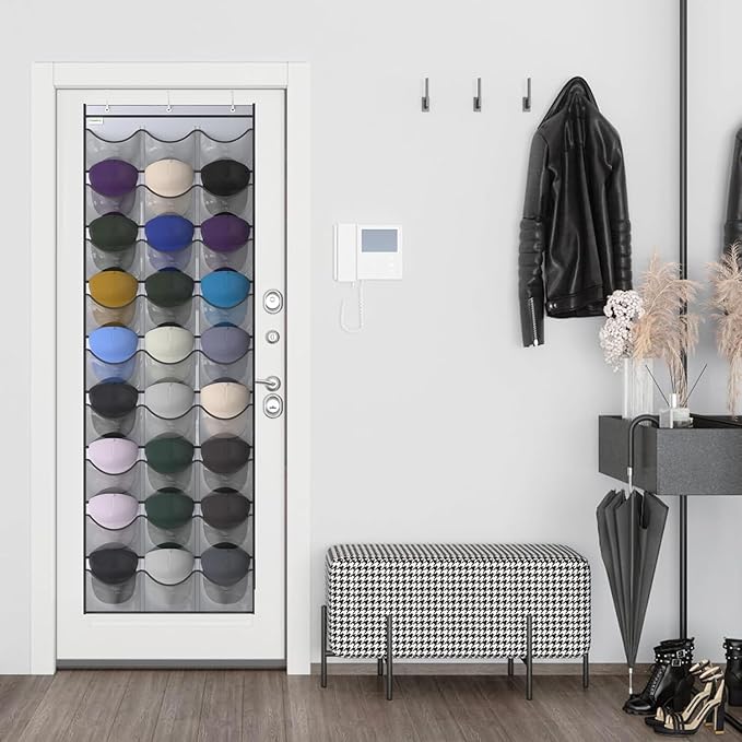 Unjumbly Baseball Hat Rack, 27 Pocket Over-The-Door Hat Organizer with Clear Deep Pockets to Display Baseball Caps Collection, Complete with 3 Over Door Hooks (Grey, 27 Pockets)