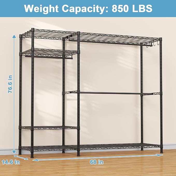 Ulif F7 Plus Garment Rack, Heavy Duty Clothes Rack, Clothing Racks for Hanging Clothes, 6-Tiers Freestanding Portable Closet Storage Rack 68'' W × 14.6'' D × 76.6'' H, Max Load 850 Lbs, Black