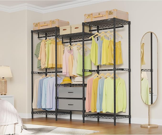 VIPEK V20 Plus Clothes Rack, Metal Clothing Rack with 6 Shelves, 5 Hanging Rods & 2 Fabric Drawers, Freestanding Garment Rack for Bedroom & Walk-in Closet, Large Wardrobe Closet Max Load 850LBS, Black