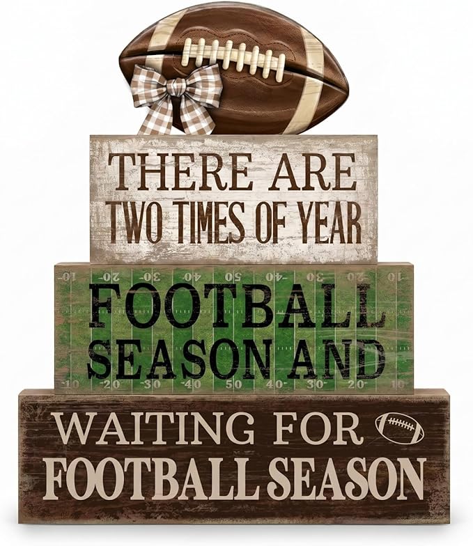 Lineshading 4 Pcs Football Table Decorations Football Tiered Tray Decor Sport Game Centerpiece Decorative Rugby Block Gift for Fans Club Tailgate Birthday Party Shelf Table Fireplace Decor