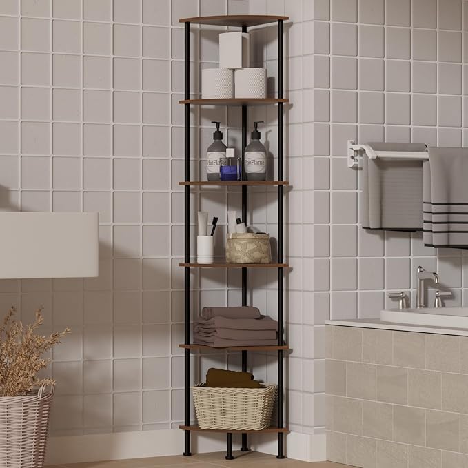 6-Tier Corner Shelf Stand, 65" Industrial Corner Display Rack for Living Room, Bookshelf, Tall Display Shelf, Plant Stand, Storage Standing Shelf for Bedroom, Bathroom, Kitchen, Brown