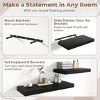 24 Inch Floating Shelves for Wall Set of 2, 12"D Wood Grain Bathroom Shelves with Invisible Brackets, Easy Install Engineered Wood Storage Shelves for Kitchen, Living Room, Bedroom, Black Finish
