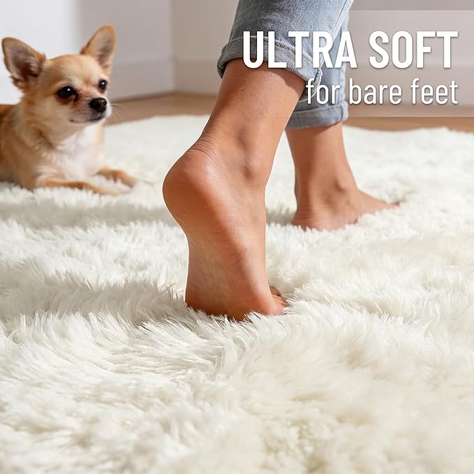 OLANLY 3x3 Machine Washable Small Bedside Rug, Soft Fluffy Shaggy Entryway Throw Rugs for Bedroom, Living Room, Indoor Floor Carpet for Kids Girls and Boys, Nursery Rooms, Home Decor Aesthetic, Ivory