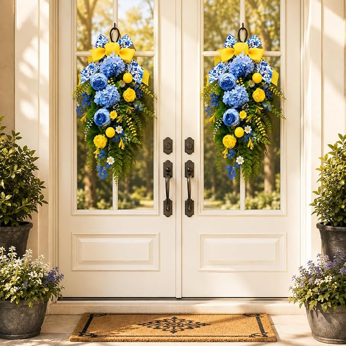 nuvagiki Summer Lemon Floral Teardrop Swag Set of 2, Blue Yellow Chinoiserie Lemon Front Door Decor, Floral Porch Swag for Farmhouse Entryway Wall Hanging Decorations