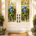 nuvagiki Summer Lemon Floral Teardrop Swag Set of 2, Blue Yellow Chinoiserie Lemon Front Door Decor, Floral Porch Swag for Farmhouse Entryway Wall Hanging Decorations