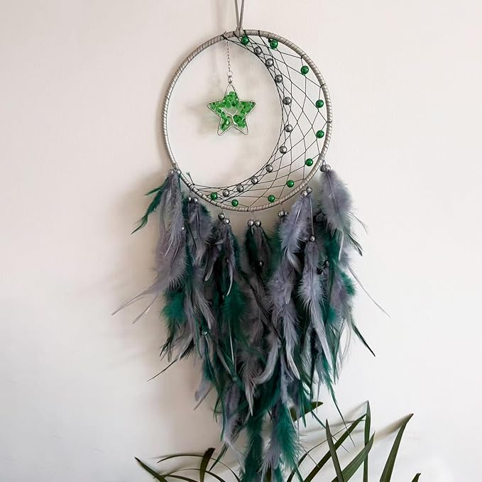 Crystal Dream Catcher,Large Dream Catcher for Adult,Green Boho Dream Catcher Wall Decor with Gemstone Hanging Ornament Girls Dorm Room Decor Festival Gift