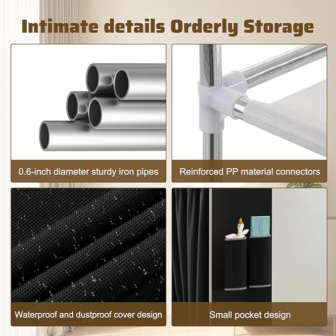 Portable Closet, Portable Closets for Hanging Clothes with 3 Hanging Rods and 6 Storage Shelves, Non-Woven Fabric Cover, Black Wardrobe Closet Easy to Assemble and Strong and Stable