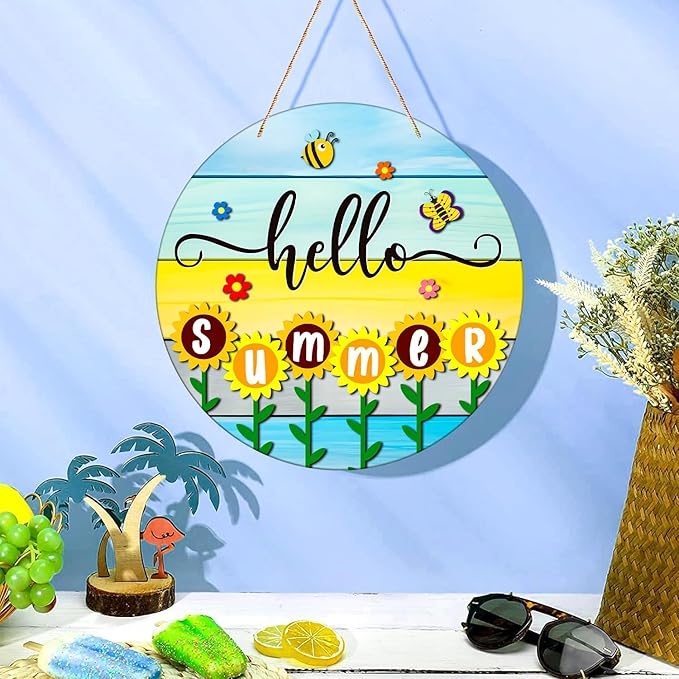 JUESMOS Hello Summer Door Decorations 11.5" Round Sunflowers Welcome Sign for Front Door Decor Farmhouse Hello Summer Hanger Sign for Porch Wreaths Home Office Wall Decorations