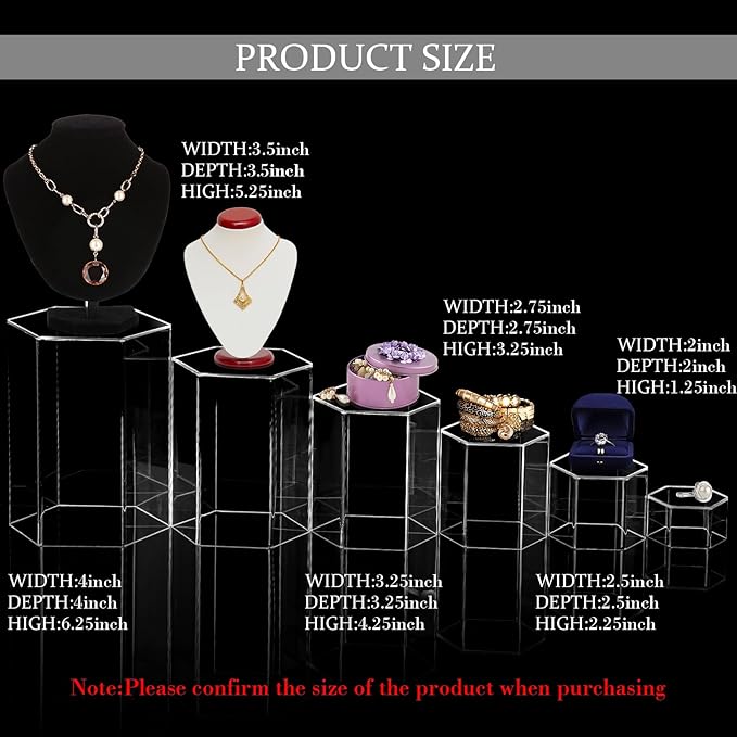Jetec 24 Pcs Hexagonal Jewelry Display Risers Hexagonal Market Display Risers Stands Acrylic Showcase Acrylic Stand for Jewelry Model Figures Decoration, 6 Sizes (Clear)