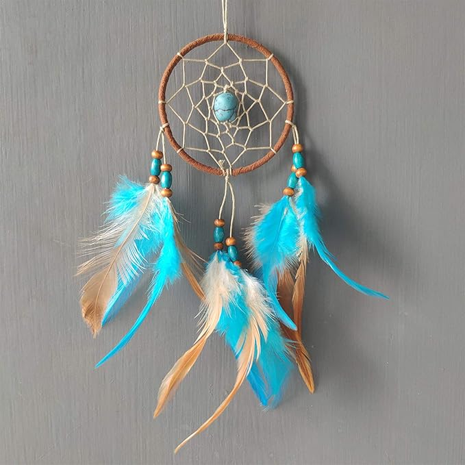 Feather Dream Catcher Pendant, Small Car Charm for Wall, Bedroom Hanging Decorations (Blue)