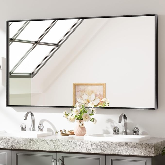 Keonjinn Black Bathoom Mirror 55 x 30 Inch, Large Rectangle Vanity Wall Mirror for Over Sink, Metal Framed Rectangular Mirrors, Brushed Black Modern Farmhouse Mirrors