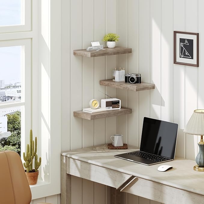 RALGEND Floating Shelves for Wall, 1.5" Thick Wall Shelf Set of 3 with Invisible Brackets, 15.7L x 7.9W Hanging Book Shelves Farmhouse Home Decor for Bathroom, Living Room, Bedroom, Greige 4301BJP3BG