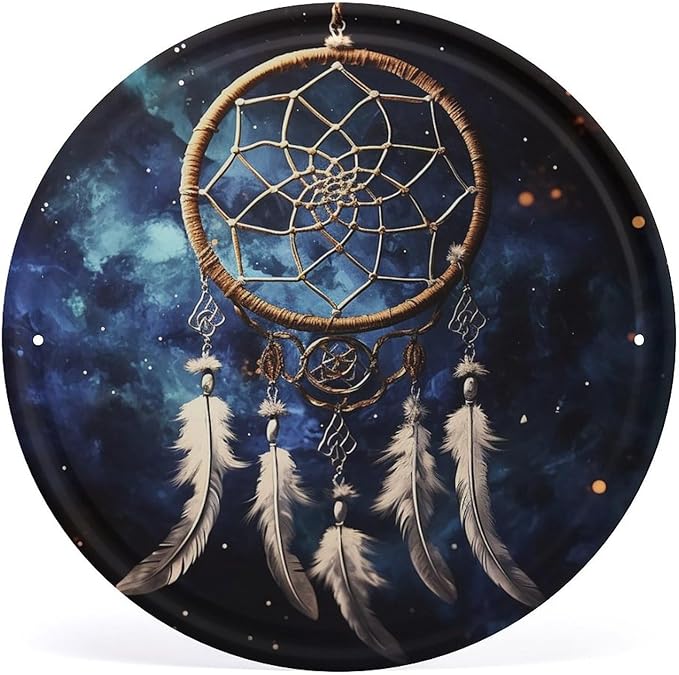 Wall Picture, with White Fantasy Dream Catcher Printed Circular Iron Hanging Picture,Wall Art Decor,Home for Bedroom Living Room Bathroom Decor,Iron Painting 11.8X11.8 in
