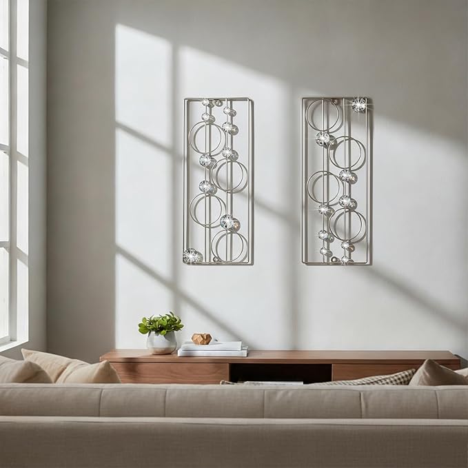 ZEXUIRU 2 Pcs Abstract Metal Art for Wall Decor Living Room Bedroom Bathroom Office Metal Bling Modern Geometric Hanging Vertical Small Iron Sculpture Plaque Pack -Silver 15.7in