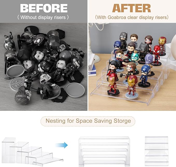 Goabroa 2 Sets 10 Pcs Clear Display Risers, Rectangular (7"-8"-9" L) Risers Display Stands, Table Stands for Jewelry, Cupcake, Perfume, Figures
