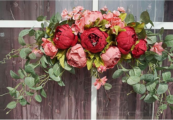 30 Inch Artificial Flower Swag, Wedding Artificial Peony with Green Leaves Swag, Handmade Flowers Backdrop Table Runner Centerpiece Garland for Arch Front Door Wall Home Hanging Wreath Decor(Red)