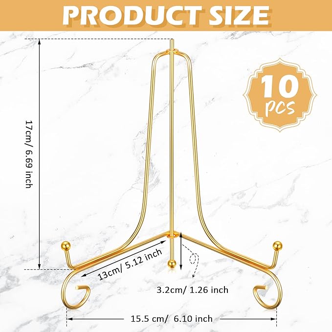 10 Pack 8 Inch Iron Plate Stands for Display, Plate Holder Display Stand, Gold Easel Stands for Photo, Picture Frame, Decorative Plate, Dish, Book and Tabletop Art (Gold, 8 Inch)