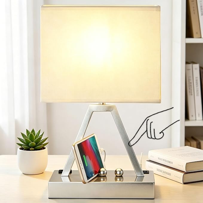 Briever Touch Control Table Lamp, 3-Way Dimmable Desk Lamp with USB C & A and AC Outlet, Bedside Lamp with Phone Stand and Fabric Shade for Bedroom, Living Room, Bulb Included, Silver