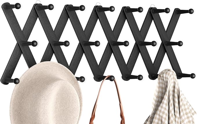 Accordion Wall Hanger, Hat Rack for Wall with 20 Coat Hooks, Expandable Hat Hangers Organizer, Vintage Decorative Coat Rack Wall Mount for Purse, Mug(Black)