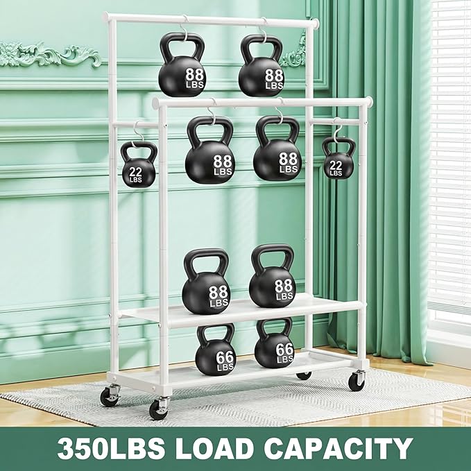 Double Rods Clothes Rack for Hanging Clothes, Heavy Duty Rolling Clothing Rack with Wheels, Freestanding Garment Racks with Oxford Bottom Shelf and Mesh Bottom Shelf for Bedroom Laundry Living Room