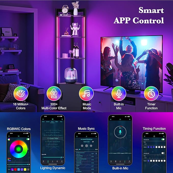 5-Tier Corner Shelf with RGB LED Light, 65" Tall Display Cabinet with Storage, Remote & APP Control, Adjustable Brightness/Color Temp, Floor Lamp with Shelves for Living Room Bedroom (Black)