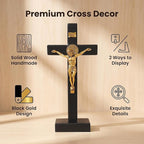 PHYUKEY St. Benedict Standing Crucifix 10.75in, Wooden Wall Cross with Golden Alloy Jesus Christ & INRI, Catholic Tabletop Crucifix with Detachable Stand - Confirmation & Home Altar Decor