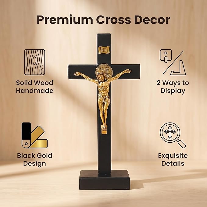 PHYUKEY St. Benedict Standing Crucifix 10.75in, Wooden Wall Cross with Golden Alloy Jesus Christ & INRI, Catholic Tabletop Crucifix with Detachable Stand - Confirmation & Home Altar Decor